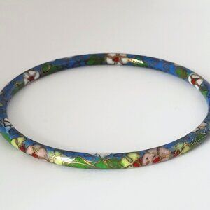 Vintage Cloisonné Blue Floral Thin Bangle Bracelet Gold Tone Accents 1/4" x7.5"